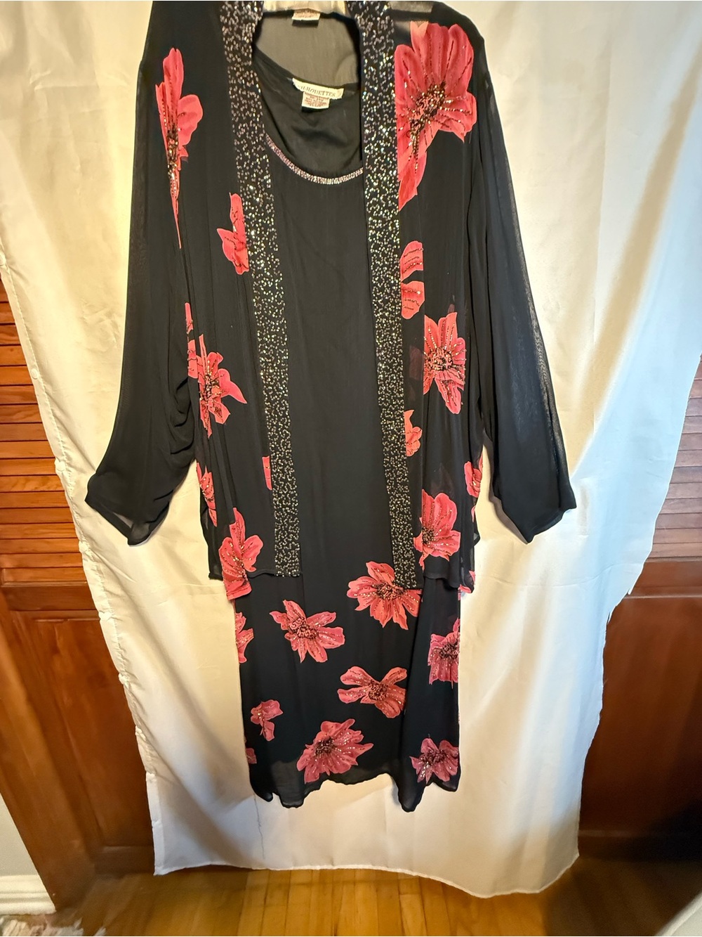 Silhouette Black Long-Sleeve Dress with Burgundy Beaded Floral Accents